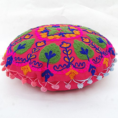 Traditional Jaipur Boho Throw Round Shape Suzani Cushions, Embroidered Cushion Covers 16 Inches, Decorative Cushion Covers, Indian Pom Pom Outdoor Cushions, Boho Pillow Shams