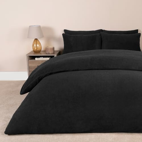 Brentfords Teddy Fleece Duvet Cover Single Black, Fluffy Christmas Bedding Single Quilt Cover Winter Bed Set Comfy Soft Warm Duvet Set with Pillowcase Easy Care