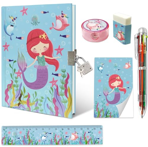 Set Tagebuch Mädchen, Kinder Schreibwaren Geschenkset Enthält Meerjungfrau Tagebuch mit Schloss Notizblock Radiergummi Spitzer Lineal & 6-Farben-Stift für Teenager Junge Notizbuch Geschenke 6-12 Jahre