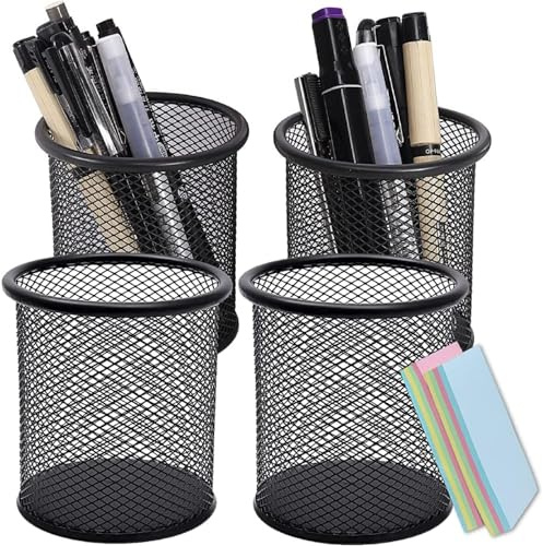 DARUITE Portapenne da Scrivania, Set di 4 Portapenne Neri Rotondi, Porta Penne per Scrivania in Rete Metallica, Porta Penne, Organizer Scrivania per ufficio
