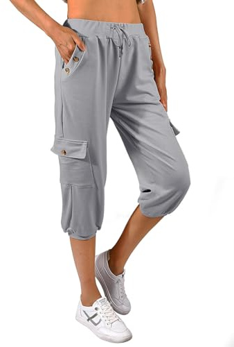 heekpek Femme Pantalon 3/4 Chic Ete Ample Pantalon Jogging Cotton Casual Pantacourt Pantalon de Yoga Pilattes Pantalon Décontracté avec Poches, Gris, Taille M