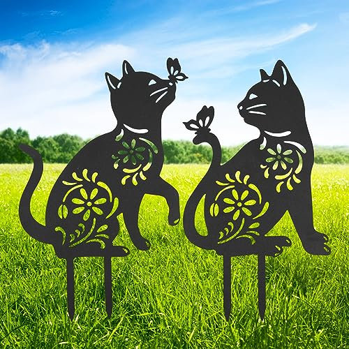 Lot de 2 piquets de jardin en métal pour chat et chien, statues d'animaux creuses, piquets décoratifs d'extérieur en forme de silhouette de chat noir, piquets de pelouse, piquets de jardin robustes