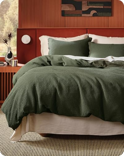 Bedsure Cotton Duvet Cover Queen - 100% Cotton Waffle Weave Olive Green Duvet Cover Queen Size, PureWoven Breathable Bedding Set for All Season, 3 Pieces, 90x90