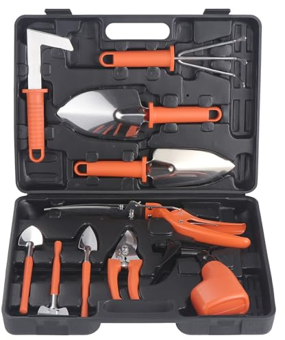 eROOSY Gartenwerkzeug, Gartengeräte Gartenwerkzeug Set aus Edelstahl Gartenarbeit Set mit Koffer, Geschenk für Gartenliebhaber (Orange)