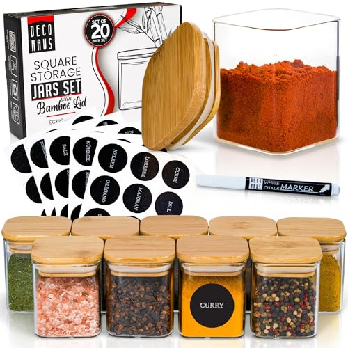 Deco haus® Gewürzgläser eckig luftdicht mit Holzdeckel 20er Set [+Etiketten] - Gewürzdosen Set Glas - Gewürzbehälter Spice Jars Set - Gewürze Aufbewahrung - Behälter für Gewürze - Gewürzaufbewahrung
