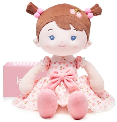 LeyaDoll mjuk tygdocka (40 cm), födelsedag & dopgåva för flickor – kärleksfull babyleksak 0–3 år – min första skyddsängel – Cherry | Rosa presentask ingår, läggdags Buddy för spädbarn, broderat ansikte och smör mjuk, maskintvättbar