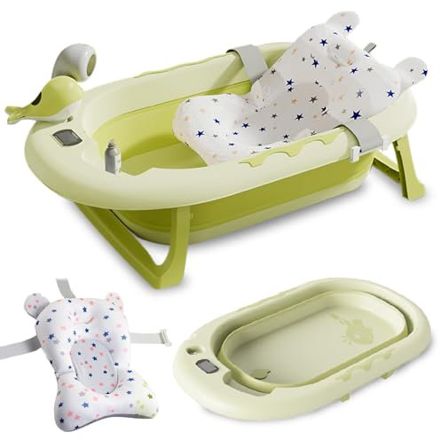 COZYNEST Bañera Bebé Plegable con Cojín Antideslizante y Termómetro, Soporte para Alcachofa de Ducha y Juguete Delfín | Bañera bebe Portátil, Compacta y Segura para Recién Nacidos y niños.