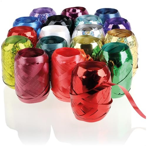 Wilhelm Sell® 18x Ringelband in bunten Farben - 20 m je Rolle - Set Geschenkbänder zum Basteln und Verpacken - mattes, glänzendes und glitzerndes Polyband für Schleifen und Dekoration (18 Farben)