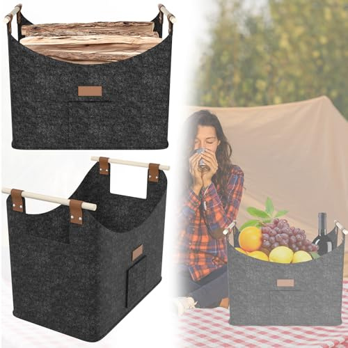 YARDIN Lot de 2 paniers à bois pour bois de chauffage avec poignées de transport - 50 x 32 x 40 cm - Grand panier à bois de chauffage pliable en feutre de 5 mm d'épaisseur - Pour feu, cheminée, bois