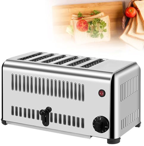 FJYAWEN Tostadora Comercial para 4 O 6 Rebanadas, Tostadora De Acero Inoxidable con Ranuras Anchas, Máquina para Hornear Pan Emergente De Acero Inoxidable, con Función De Temporizador,6Slot