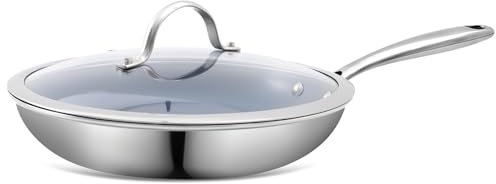 Padella antiaderente in acciaio inox da 26 cm, con rivestimento in ceramica sano, non tossico e coperchio, senza PTFE, PFAS, PFOA, adatta per fornelli a induzione, elettrici e a gas, lavabile in.
