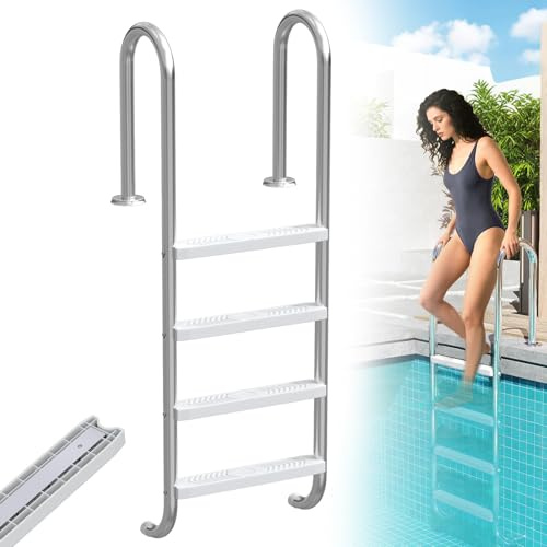 LZQ Escalera De Piscina De Acero Inoxidable Con 4 Peldaños Antideslizantes, Soporta Hasta 150 Kg, Protección Antideslizante, 157 X 54 X 26,5 Cm