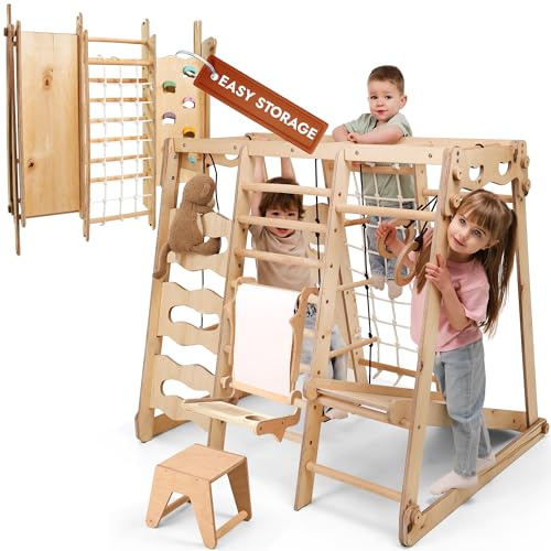 Cadre d'escalade 9 en 1 amélioré pour enfants en extérieur et intérieur, aire de jeux Montessori en bois avec toboggan, balançoire, mur d'escalade, échelle en corde, barre de singe pour tout-petits