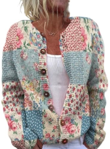 Cárdigan de Punto para Mujer Chaqueta Sueter Manga Larga Abrigo Suéter Rebeca Chaqueta Jerseis Mujer De Elegante Floral con Botones Y Escote En V Jersey Verano Ligera para