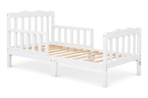 WSG Toddler Bed with Safety Rails, White Wooden Kids Bed Frame, Low Floor Design, Non-Toxic Pinewood, Easy Assembly, Toddler Bedroom Furniture for Boys & Girls