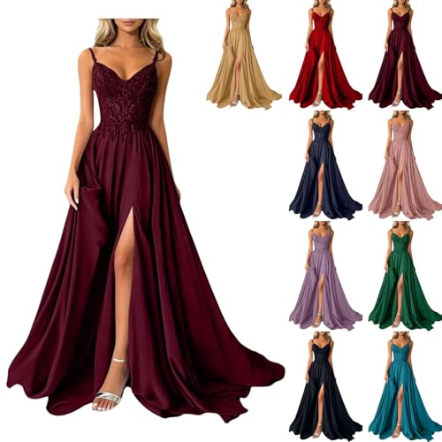 Robe Femme Longue de Bal Cérémonie Mariage Invitée Chic Élégante Bretelles Bustier Dentelle avec Fente Mousseline pour Demoiselle d'honneur Cocktail Soirée Satinée (Red, S)