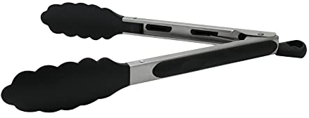 Fackelmann Mehrzweck-Küchenzange, PBT-Länge 28 cm, hitzebeständig bis 220 °C, antihaftbeschichtet, Kochgeschirr-sicher, Verriegelungsmechanismus, gewellter Kopf, spülmaschinenfest, Silber und Schwarz