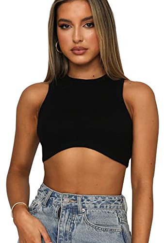 QKEPCY Camiseta Tirantes Mujer Tank Top Camisola Verano Cuello Halter sin Mangas Crop Top Acanalado Ropa Deportiva Blusa Tops Casual Elástico