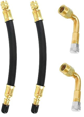 90 Degree Universal Tire Valve Extension Set - 4 Pcs with Rubber Adaptors and Caps for Bikes, Cars, and Trucks