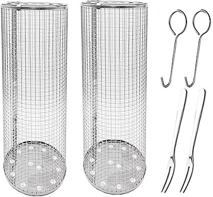Jiklophg Paniers à Rôtir à Roulettes Grill Extérieur Barbecue Tube de Filet Rond en Acier Inoxydable Barbecue Fil Cylindre Cage Pique-nique