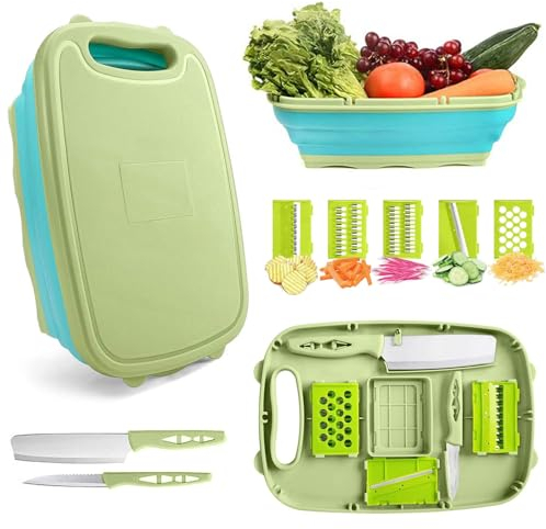 AUSYIWI 9 in 1 Tagliere Multifunzione Pieghevole, Lavello Con Cestello di Scarico e Tagliaverdure, Portatile per Cucina all'Aperto, Accessori Campeggio e Barbecue