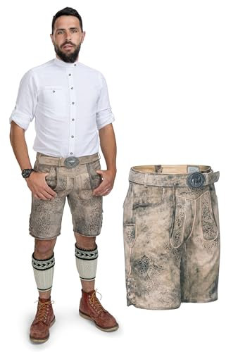 Schöneberger Trachten Couture Herren Lederhose kurz, Original Nubuk-Leder Trachtenhose für Oktoberfest, Trachtenlederhose gespeckt Falk (52)