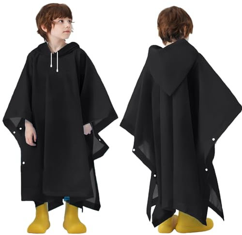 QMAHA 2 Stück Kinder Regenponcho Wasserdicht, Wiederverwendbar Eva Kinder Regenmantel mit Kapuze für Mädchen Jungen, Leichter Regenjacke Regencape für Schule Wandern Radfahren Camping (Schwarz)