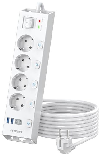 Multiprise 4 Prises avec USB C, Multiple Prise 4 USB avec 5 Interrupteurs Individuelles, Multiprise Electrique Parafoudre 1050J, Cordon 2M