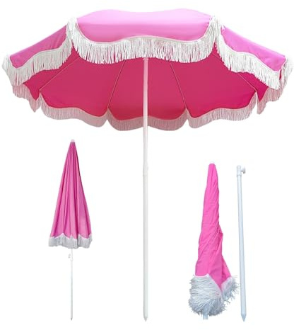 Pink Beach Parasols 180cm Outdoor Patio Umbrella Boho Garden Parasol With Fringe Sun Umbrella UV50+ Portable Umbrella Removable With Storage Bag Waterproof Parasols For Holiday Garden Pool Table