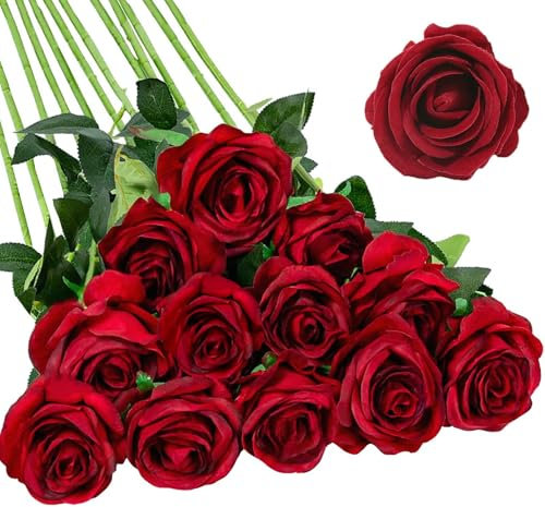EnixwH 12 Rose Artificielle Fleurs, Bouquet Fleur Artificielle Naturelles et Réelles, 52 cm Longue Tige Réaliste Roses Artificielles, Fausse Fleur pour Home, Décorations de Fête (Couleur Rouge Vin)