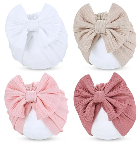 Cinaci 4 Pieces Soft Stretchy Nursery Hospital Caps Bonnets Beanies Headwraps Turban Hats with Bow for Baby Girls Newborns Infants Toddlers