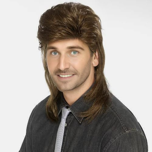 Creamily Pelucas Mullet para Hombre, Disfraces de los 80, Pelucas Divertidas para Adultos, Accesorio para Fiestas, Peluca para Cosplay (Marrón)