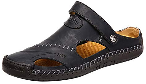 Lädersandaler för män stängd tå, läderträskor sommar lätt andningsbara utomhus trekking strandskor halkfria bekväma strandsandaler platta tofflor för män