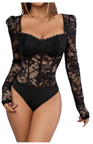 GORGLITTER Women's See Through Floral Lace Bodysuits Sweetheart Neck Long Sleeve Tee Tops Sexy Club Leotards Black Medium
