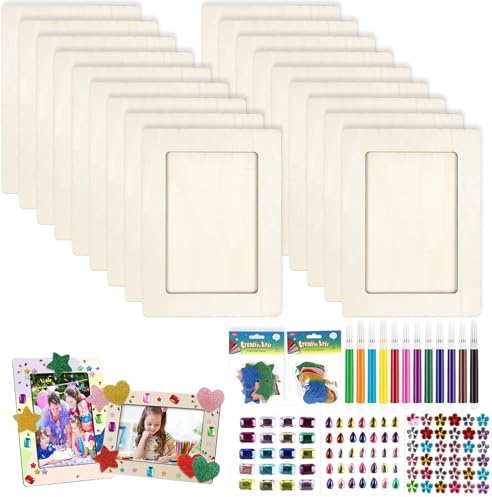 Neuytiky Juego de 10 marcos de fotos de madera, 20 x 15 cm, juego de manualidades para niños con 3 variedades de piedras brillantes, pegatinas de estrellas de espuma 3D para niños, bodas, cumpleaños
