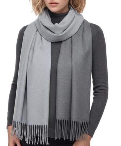 PFLife Sciarpa Lana Donna 200×70 cm Effetto Cachemire Calda Morbida Oversize Reversibile Con Frange Scatola Regalo (Grigio)