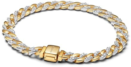 PANDORA Timeless Bicolor Pavé Cuban-Kettenarmband aus Sterlin-Silber mit 14 Karat vergoldeter Metalllegierung und Zirkonia, Größe: 18cm, 564229C01-18