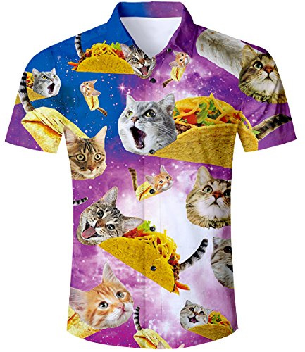 TUONROAD Chemise Hawaïenne Homme Funny Cat Galaxy 3D Imprimé Chemise Multicolore Chemise Casual Chemise Manche Courte Bouton Chemise de Plage Vacances été Thème de la Soirée Anniversaire - XXL