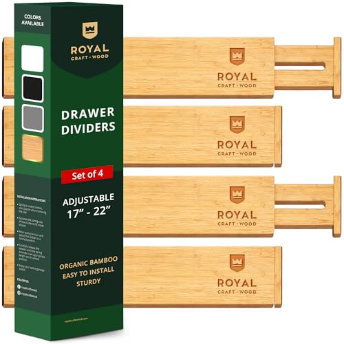 ROYAL CRAFT WOOD Expandable Bamboo Drawer Dividers Organizers - Adjustable Drawer Separators Best for Kitchen, Bathroom, Bedroom, Office or Dresser Organization, Set of 4, 16.5-22