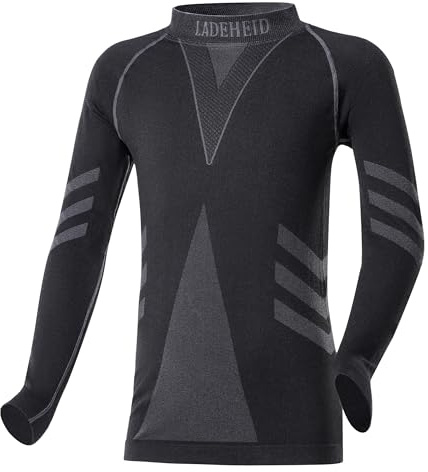 Ladeheid Camiseta Térmica Niño Manga Larga – Camiseta Deportiva de Compresión, Ropa Interior Funcional Unisex Niños, Transpirable y Cálida para Invierno y Deportes LAGI007 (Negro/Grafito, 158-164)