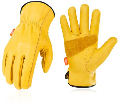 Vgo... Guantes de trabajo Piel de Vacuno Gruesa, Guantes Cuero Jardinería para Obra Almacén Entrega, Guantes Hombres&mujeres 1 par