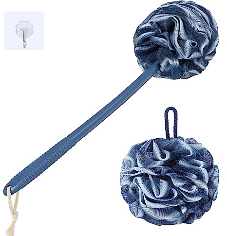 VANZAVANZU Juego de Esponjas de Lufa Exfoliante, Mango Antideslizante de Plástico de 43 cm con Esponja Esponjosa para la Ducha, Esponjas de Malla Suave PE - Azul oscuro con borde blanco