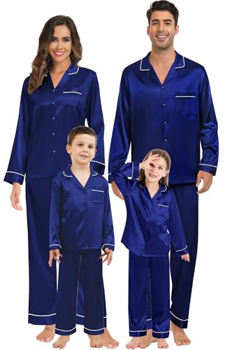 SWOMOG Ensemble de pyjama assorti en satin de soie pour la famille, vêtements de nuit à manches longues et boutons, ensemble de 2 pièces, bleu marine, XXL