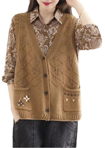 Chaleco de punto para mujer, cárdigan sin mangas top retro chaleco moda hecho a mano suéter mujer ropa, Caqui., XXX-Large