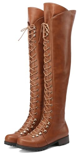 Wavyvigs Femmes Lacets Bottes Cuissardes for Femmes Talon Bas Long Stretch Bottes en Cuir with Side Fermeture éclairper Marron Taille Marquée 43