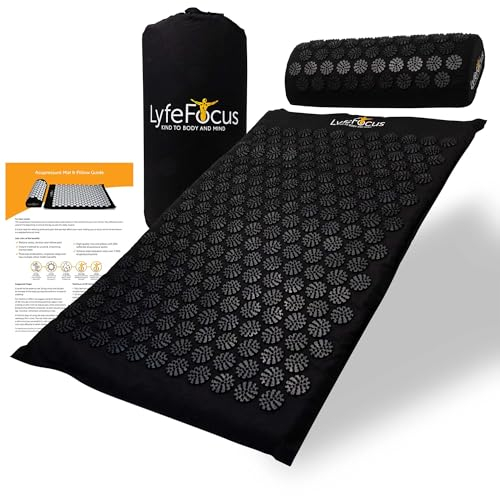 LyfeFocus Acupressure Mat & Pillow Set with Travel Bag - Cushioned Spike Acupuncture Massage Mat for Back, Neck & Shoulder Pain Relief - Easing Muscle Tension & Stress (Black & Black)