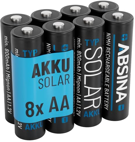 ABSINA 8X Solar Akku AA wiederaufladbar 800mAh 1.2V NiMH - Mignon AA Solar Batterien für Solarleuchten - Solarakkus AA mit geriner Selbstentladung - Akku Solar Batterie, Akkus für Solarlampen