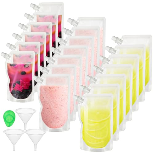 ASelected 20Pcs Drink Pouches for Festivals, Leak Proof Alcohol Juice Liquid Pouches Bags with Funnel, Plastic Drinks Flasks for Parties, Picnic, Travel, Sports, Halloween Christmas