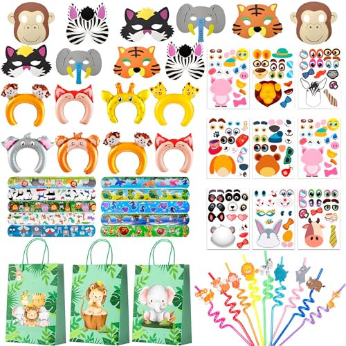 Regali di Animali della Giungla, 60 Pcs Set Bomboniere Safari - Sacchetti Animali Giungla Slap Bracelets Maschere Fasce per Capelli Gonfiabili Cannucce a Spirale etc Giungla Party Regalo per Bambino
