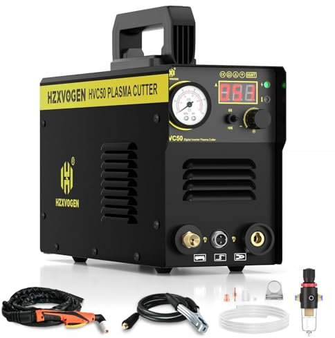 H HZXVOGEN Plasma Cutter, 50A Portable Plasma Cutter with Post Flow, 220V Dual Voltage Digital Display DC IGBT Inverter HF Air Plasma Cutting Machine, 1/3 inch Clean Cut for Beginners DIY(HVC50)
